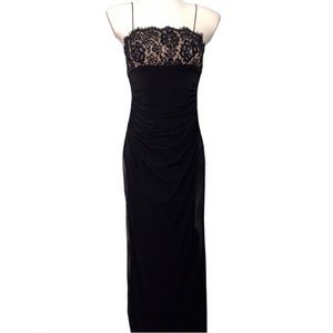 Formal floor length side ruched dress w/lace